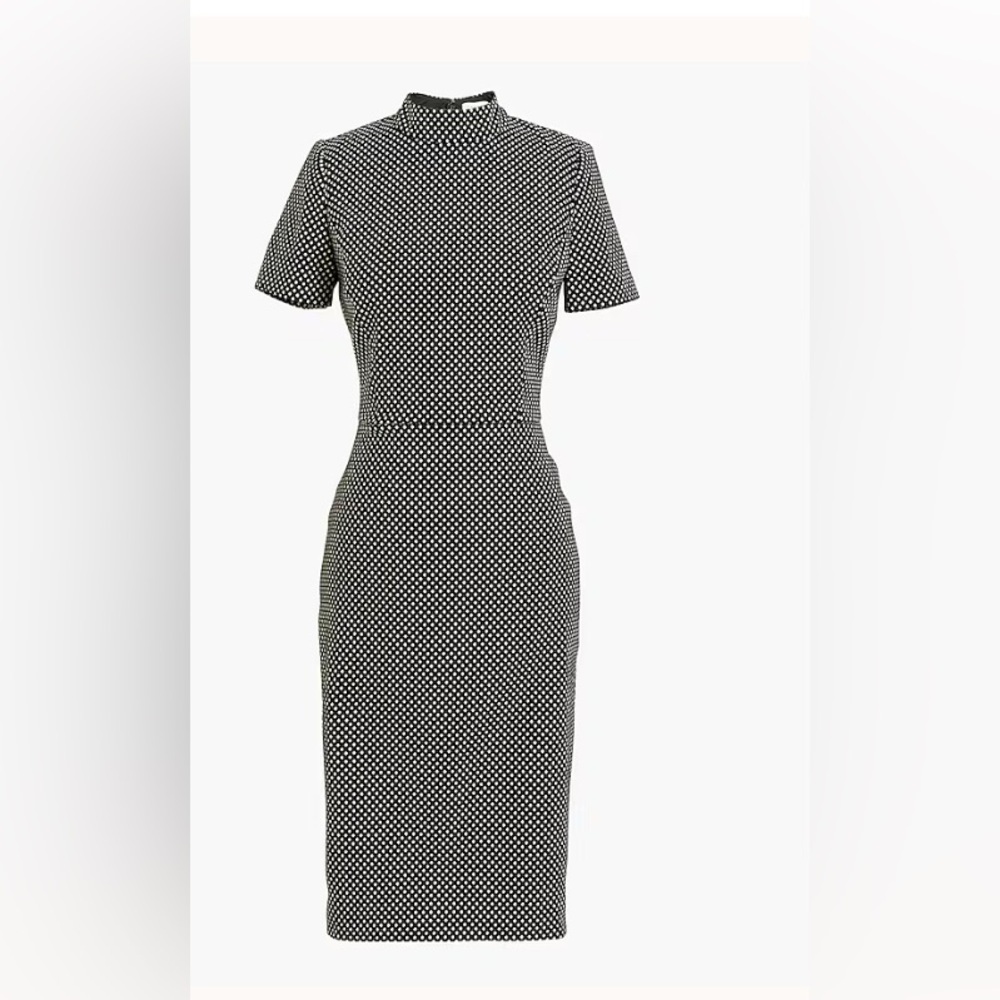 J Crew Mock Neck Jacquard Sheath Dress Black Dots Metallic Short Sleeves Size 2